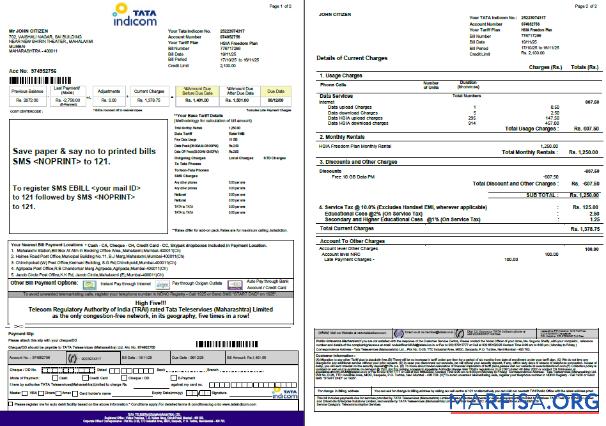 Blank India Tata Indicom utility bill template in Word and PDF formats, 2 pages